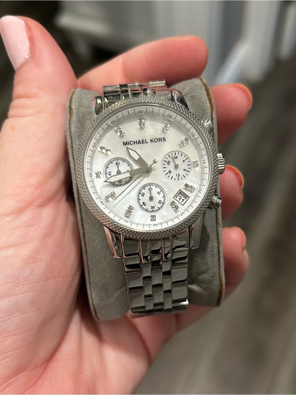 Michael Kors Silver And White MotherOfPearl Chronograph Watch